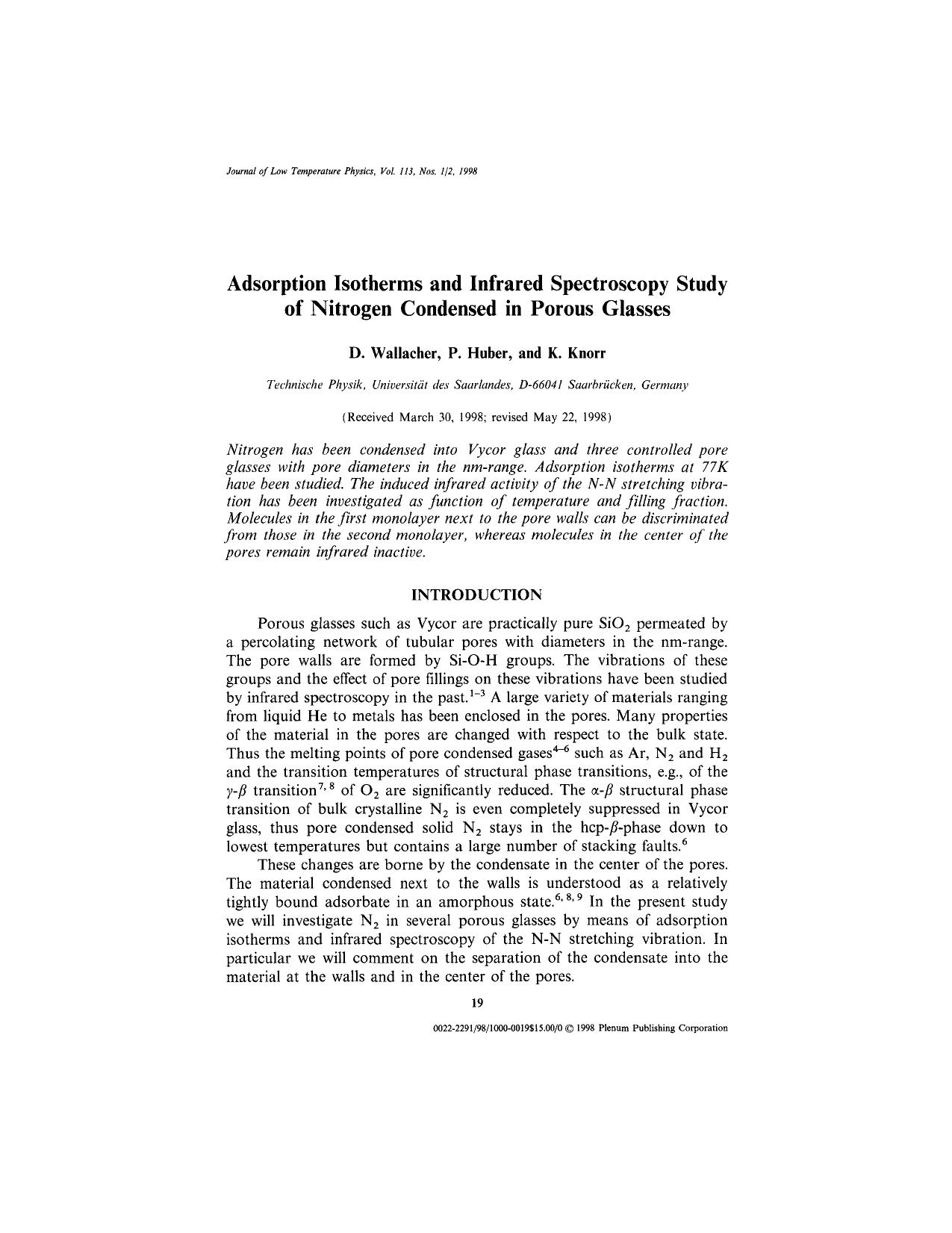 Adsorption Isotherms and Infrared Spectroscopy Study of Nitrogen Condensed in Porous Glasses by Unknown