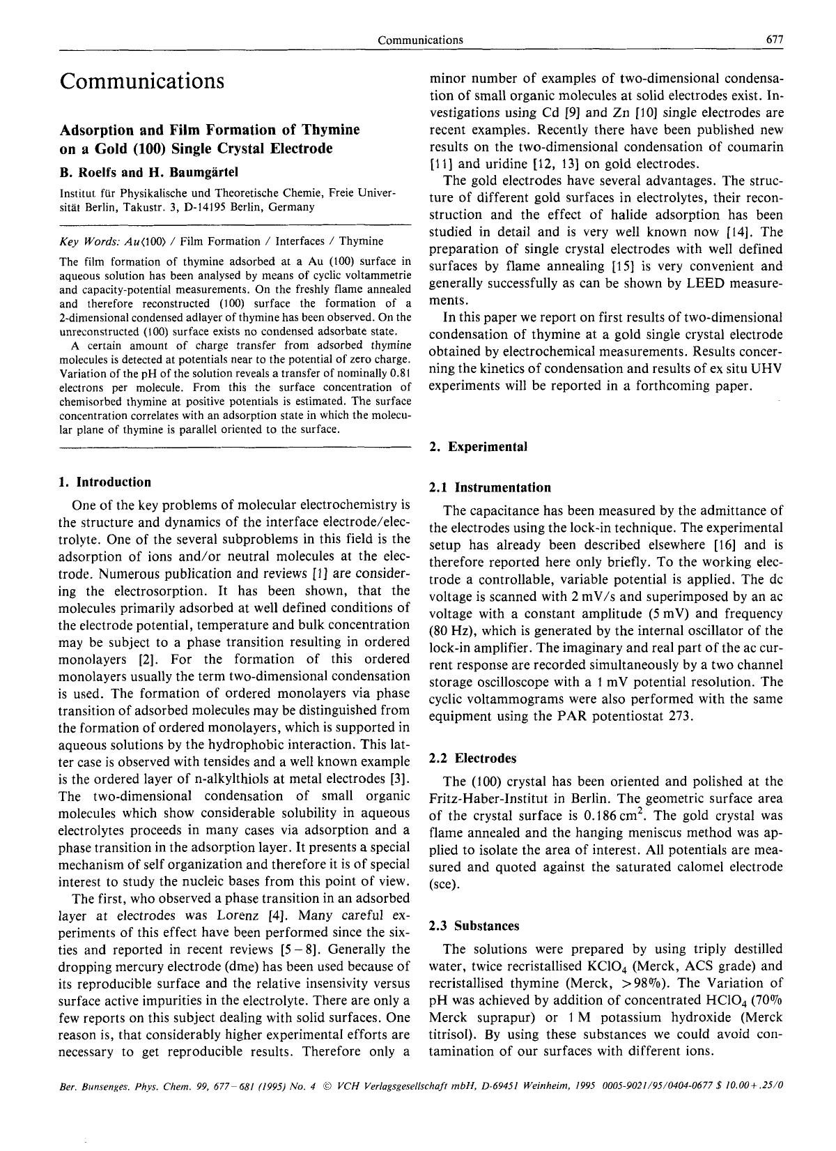 Adsorption and Film Formation of Thymine on a Gold (100) Single Crystal Electrode by Unknown