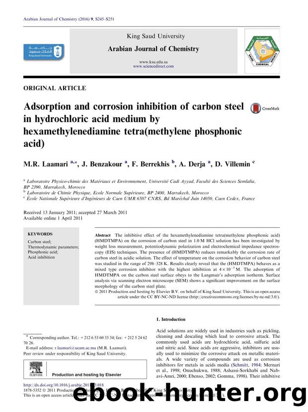 Adsorption and corrosion inhibition of carbon steel in hydrochloric acid medium by hexamethylenediamine tetra(methylene phosphonic acid) by M.R. Laamari & J. Benzakour & F. Berrekhis & A. Derja & D. Villemin
