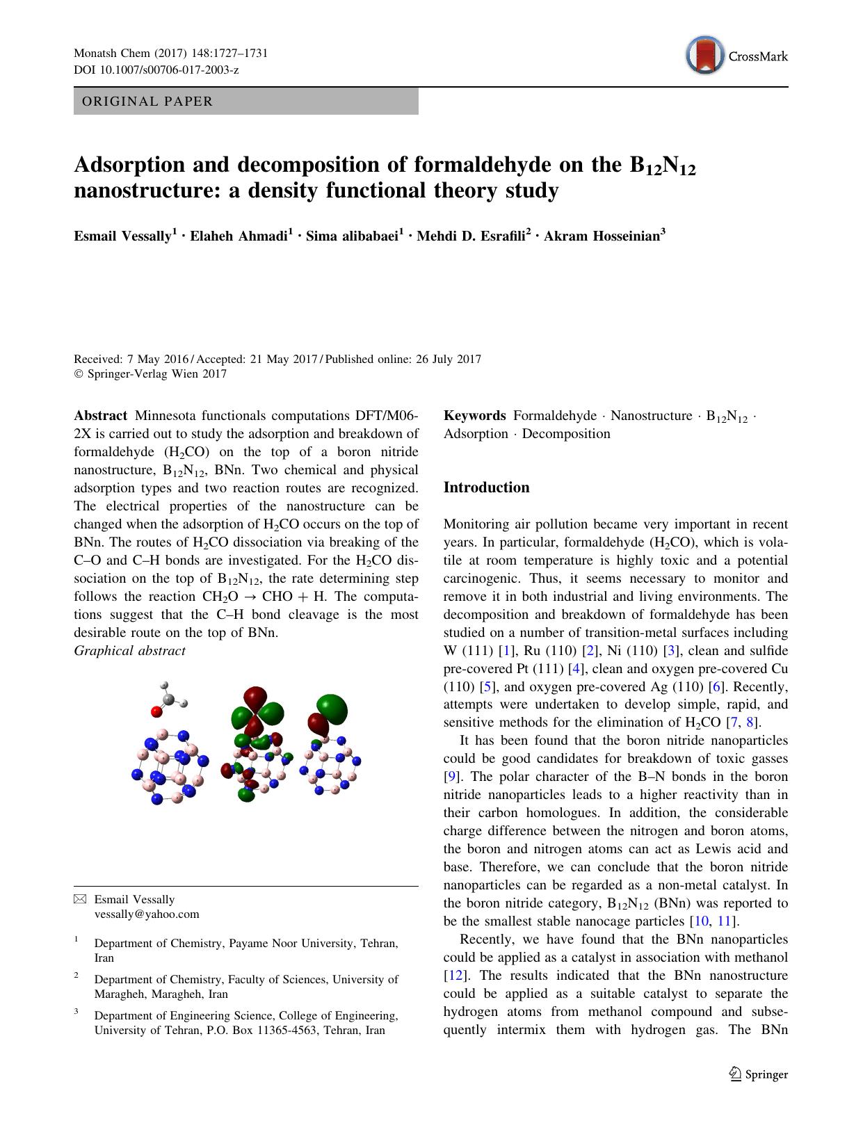 Adsorption and decomposition of formaldehyde on the B12N12 nanostructure: a density functional theory study by Esmail Vessally & Elaheh Ahmadi & Sima alibabaei & Mehdi D. Esrafili & Akram Hosseinian