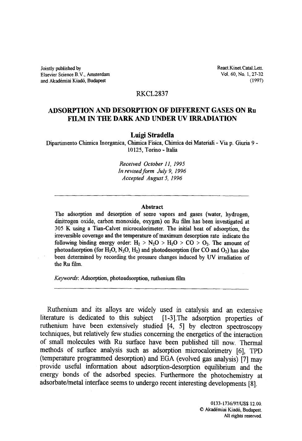 Adsorption and desorption of different gases on Ru film in the dark and under UV irradiation by Unknown