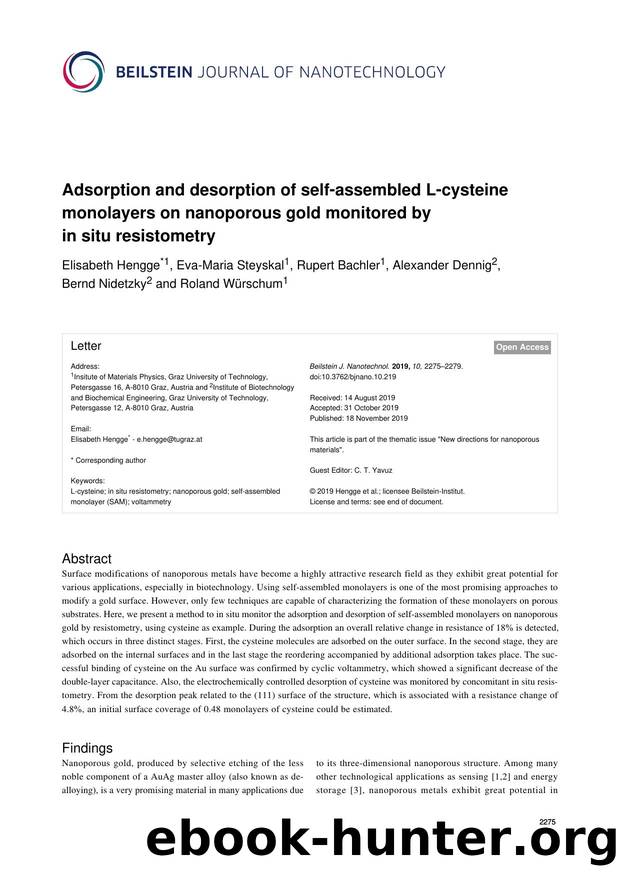 Adsorption and desorption of self-assembled L-cysteine monolayers on nanoporous gold monitored by in situ resistometry by unknow