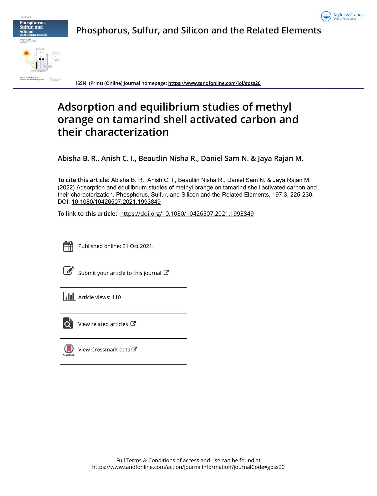 Adsorption and equilibrium studies of methyl orange on tamarind shell activated carbon and their characterization by B. R. Abisha & C. I. Anish & R. Beautlin Nisha & N. Daniel Sam & M. Jaya Rajan