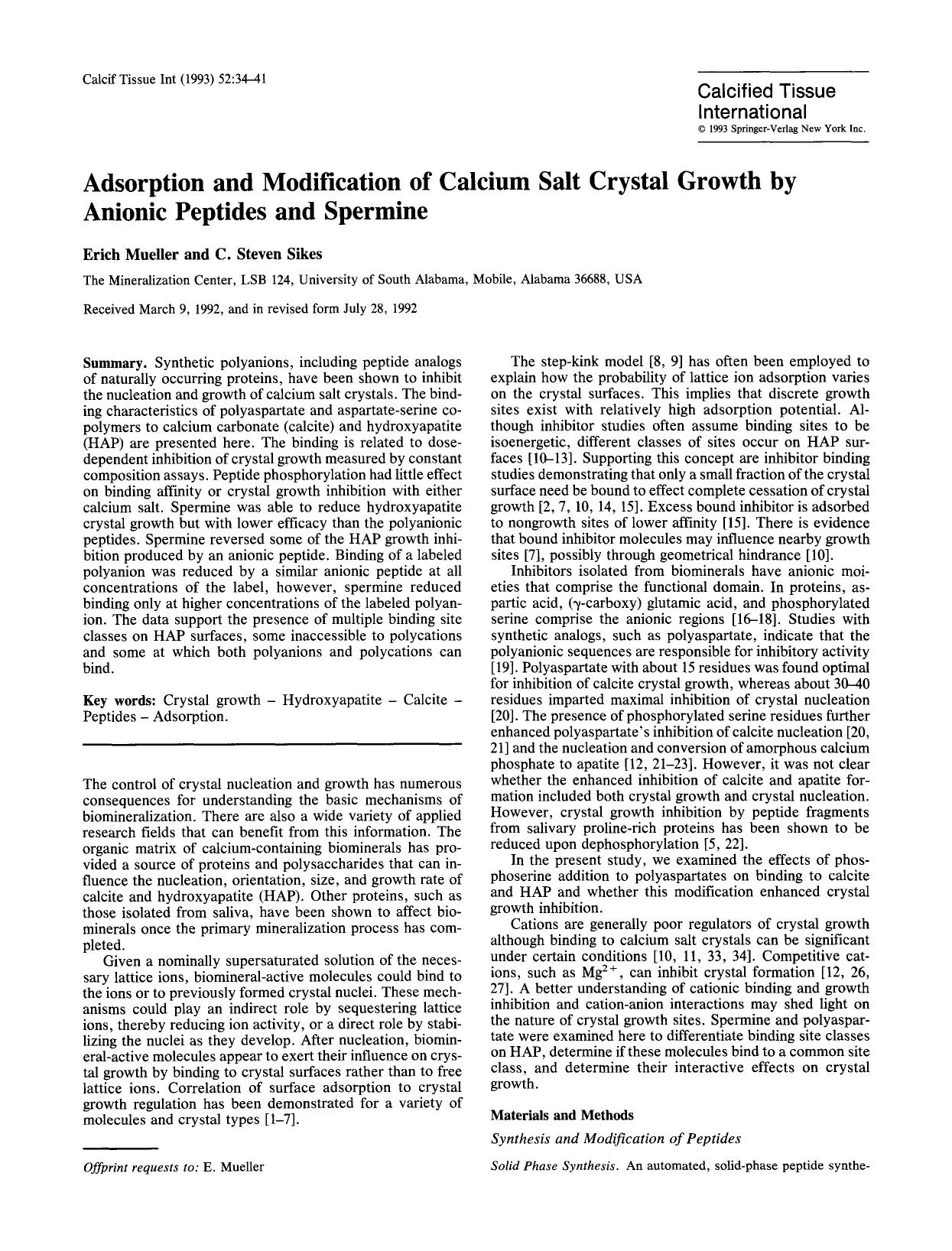 Adsorption and modification of calcium salt crystal growth by anionic peptides and spermine by Unknown