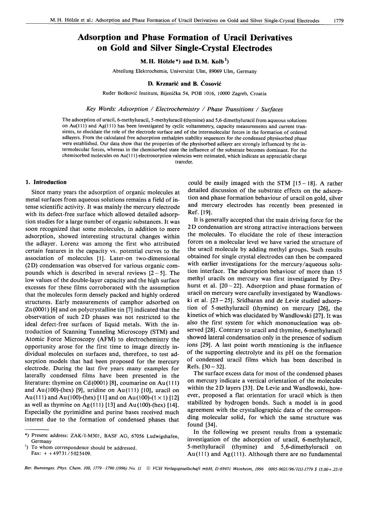 Adsorption and phase formation of uracil derivatives on gold and silver single-crystal electrodes by Unknown