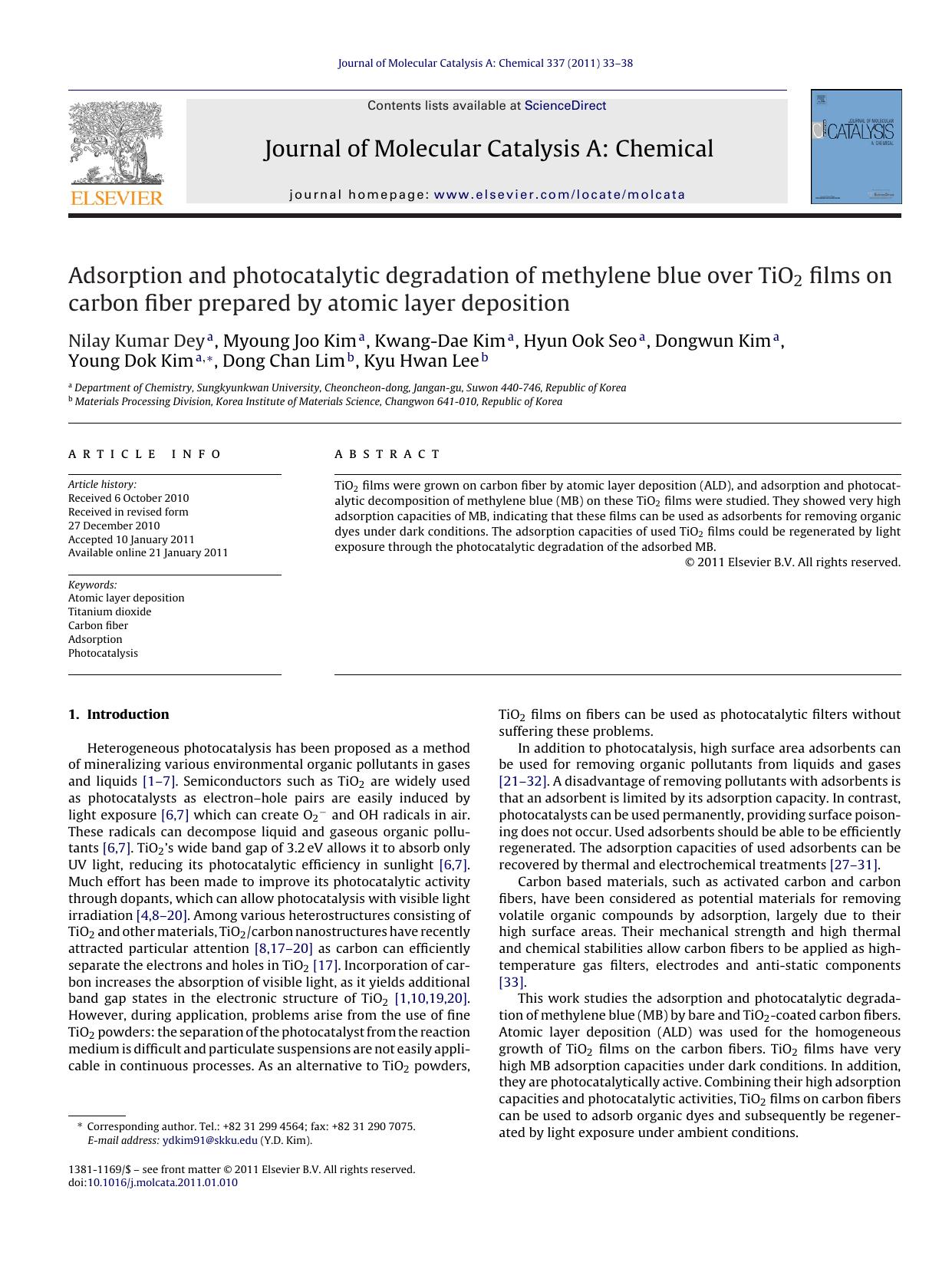Adsorption and photocatalytic degradation of methylene blue over TiO2 films on carbon fiber prepared by atomic layer deposition by Nilay Kumar Dey
