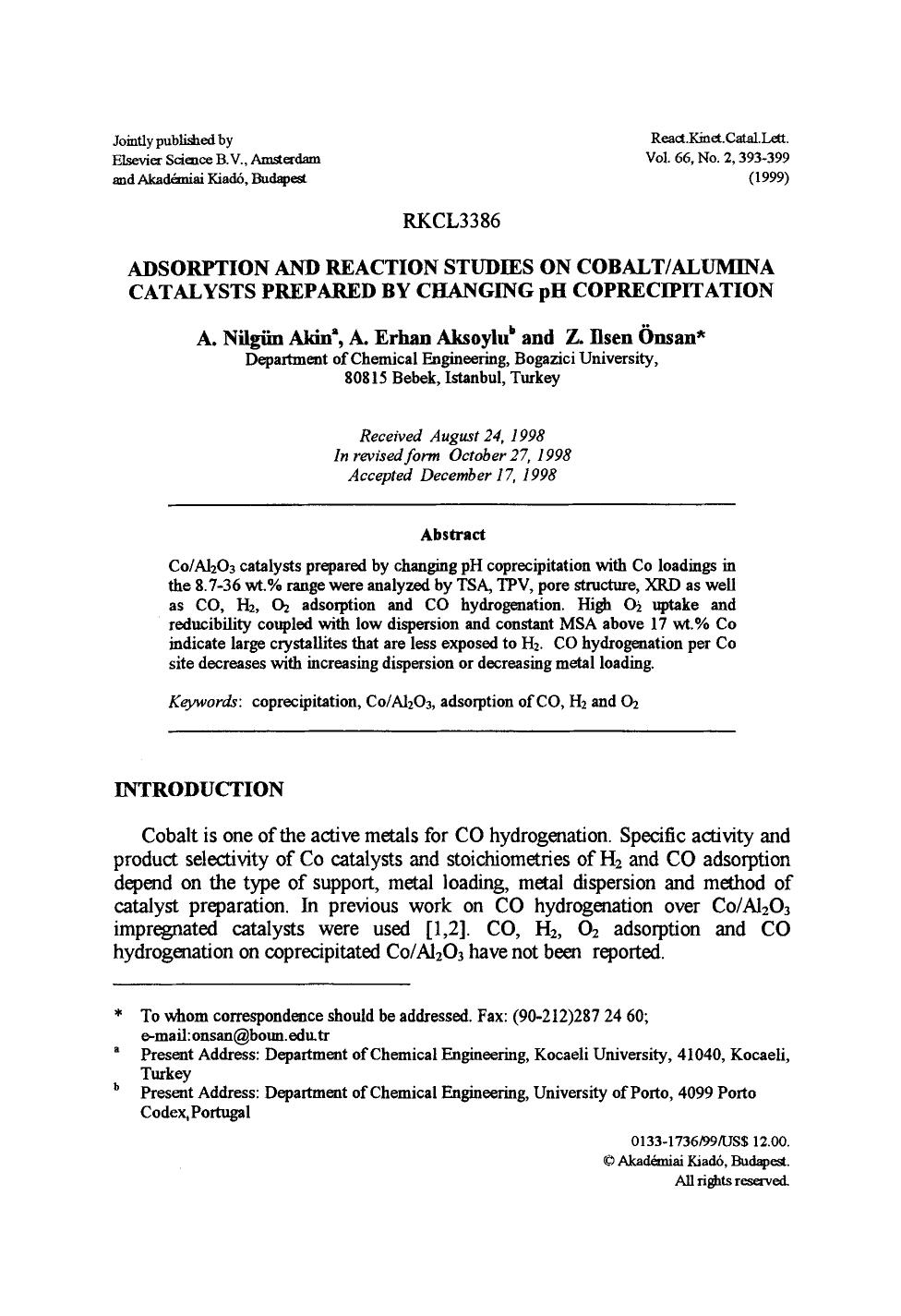 Adsorption and reaction studies on cobaltalumina catalysts prepared by changing pH coprecipitation by Unknown