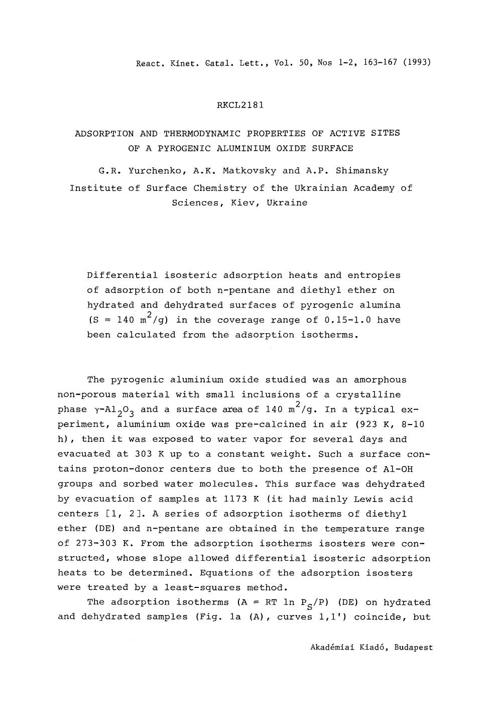 Adsorption and thermodynamic properties of active sites of a pyrogenic aluminium oxide surface by Unknown