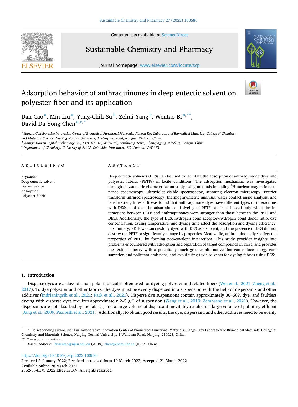 Adsorption behavior of anthraquinones in deep eutectic solvent on polyester fiber and its application by Dan Cao & Min Liu & Yung-Chih Su & Zehui Yang & Wentao Bi & David Da Yong Chen