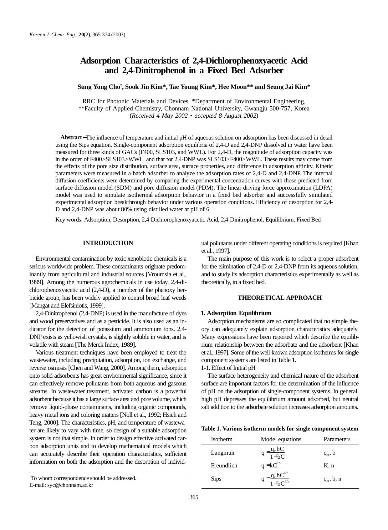 Adsorption characteristics of 2,4-dichlorophenoxyacetic acid and 2,4-dinitrophenol in a fixed bed adsorber by Unknown