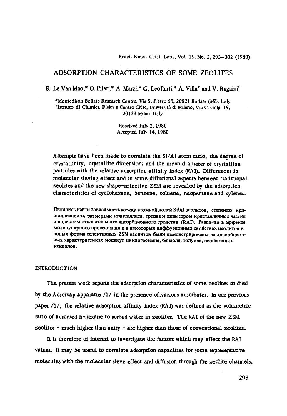 Adsorption characteristics of some zeolites by Unknown