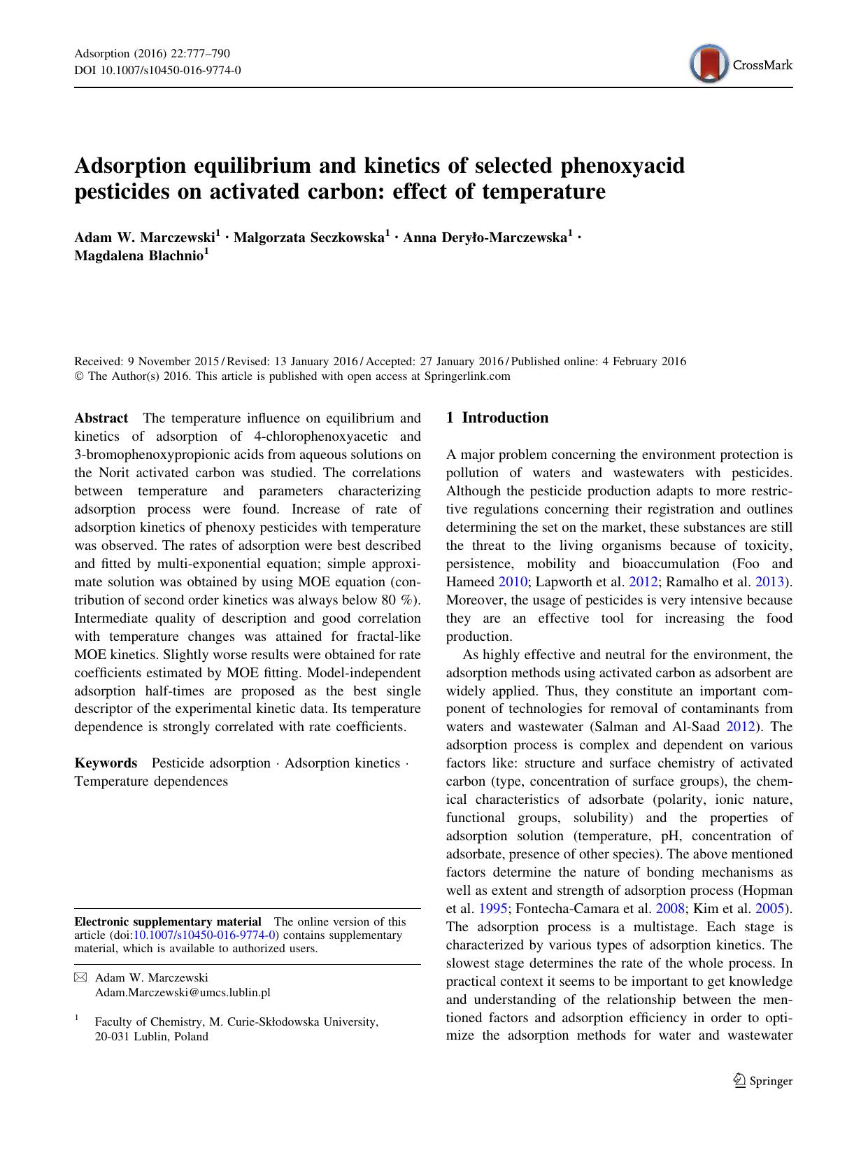 Adsorption equilibrium and kinetics of selected phenoxyacid pesticides on activated carbon: effect of temperature by Adam W. Marczewski & Malgorzata Seczkowska & Anna Deryło-Marczewska & Magdalena Blachnio