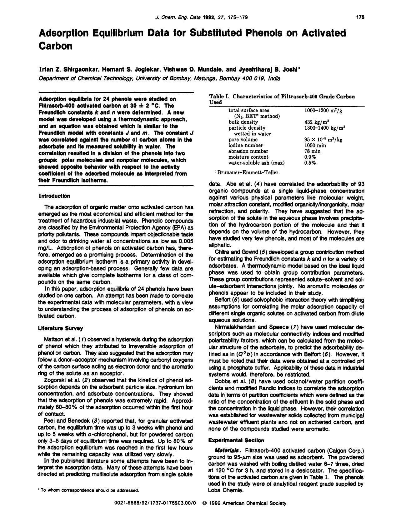 Adsorption equilibrium data for substituted phenols on activated carbon by Irfan Z. Shirgaonkar Hemant S. Joglekar Vishwas D. Mundale Jyeshtharaj B. Joshi