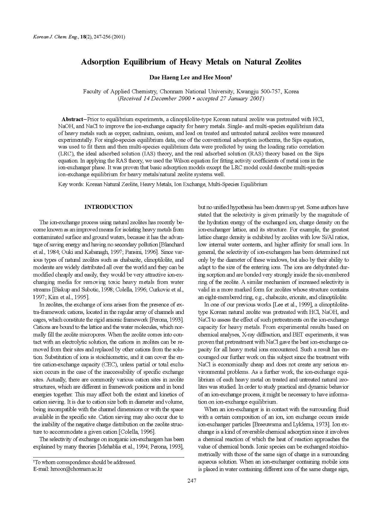 Adsorption equilibrium of heavy metals on natural zeolites by Unknown