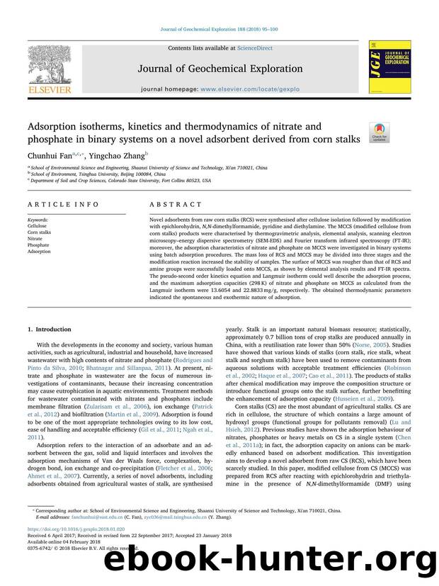 Adsorption isotherms, kinetics and thermodynamics of nitrate and phosphate in binary systems on a novel adsorbent derived from corn stalks by Chunhui Fan & Yingchao Zhang