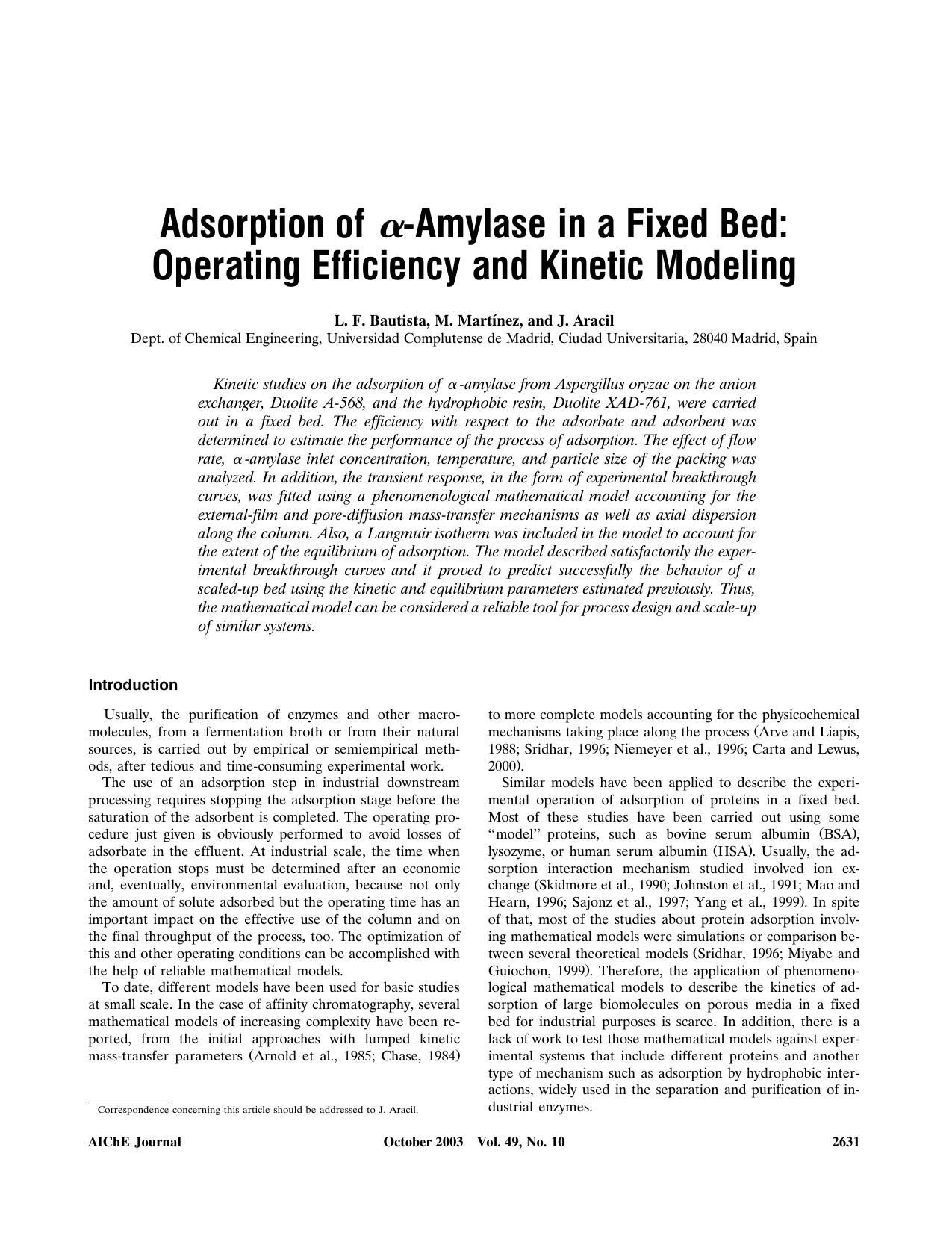 Adsorption of [alpha]-amylase in a fixed bed: Operating efficiency and kinetic modeling by ?
