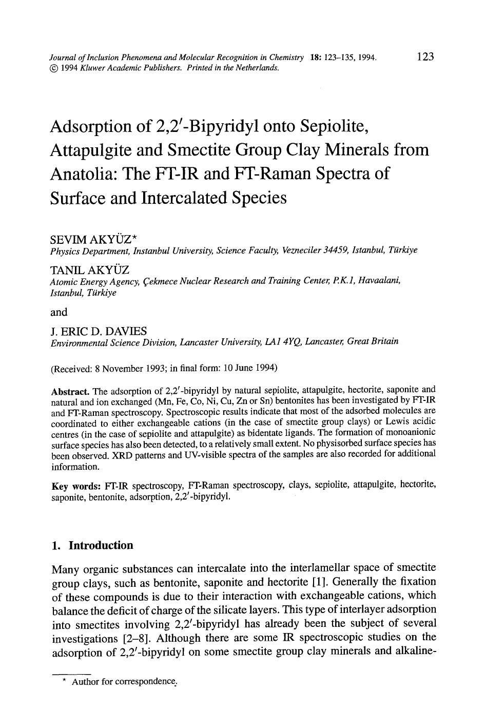 Adsorption of 2,2′-bipyridyl onto sepiolite, attapulgite and smectite group clay minerals from anatolia: The FT-IR and FT-Raman spectra of surface and intercalated species by Unknown