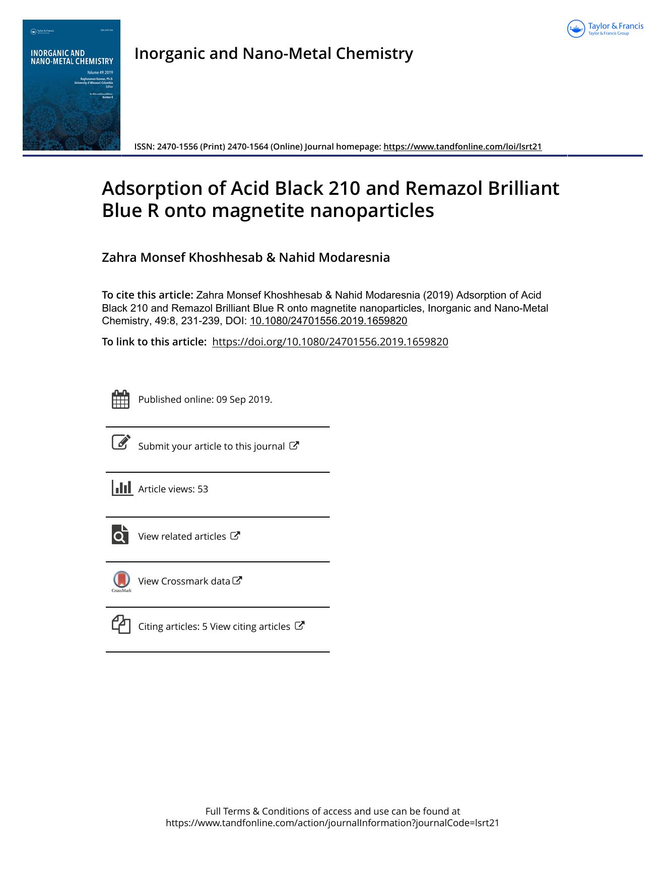 Adsorption of Acid Black 210 and Remazol Brilliant Blue R onto magnetite nanoparticles by Monsef Khoshhesab Zahra & Modaresnia Nahid