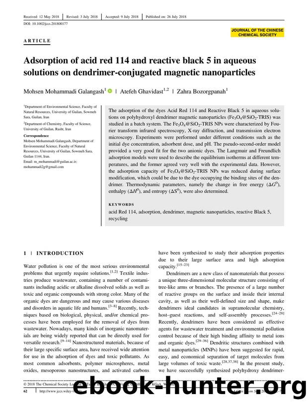 Adsorption of Acid Red 114 and Reactive Black 5 in aqueous solutions onto dendrimer conjugated magnetic nanoparticles: Dendrimeric nanoparticles for dye adsorption by Unknown