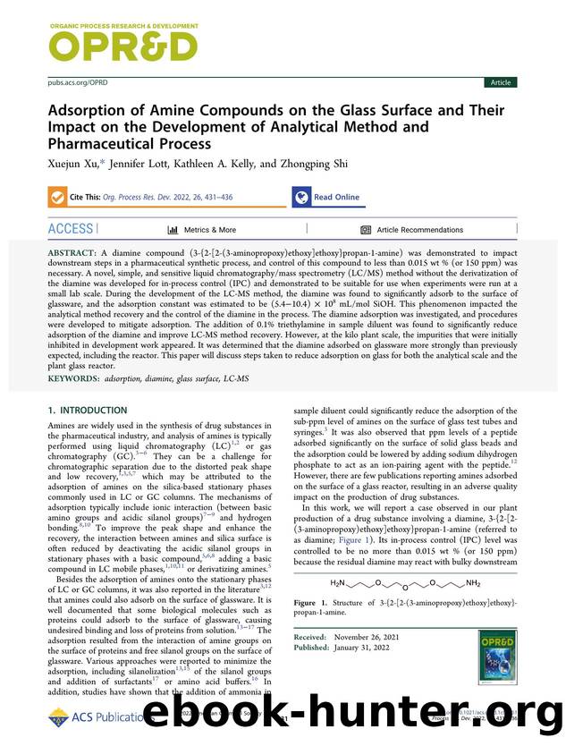 Adsorption of Amine Compounds on the Glass Surface and Their Impact on the Development of Analytical Method and Pharmaceutical Process by Xuejun Xu Jennifer Lott Kathleen A. Kelly and Zhongping Shi