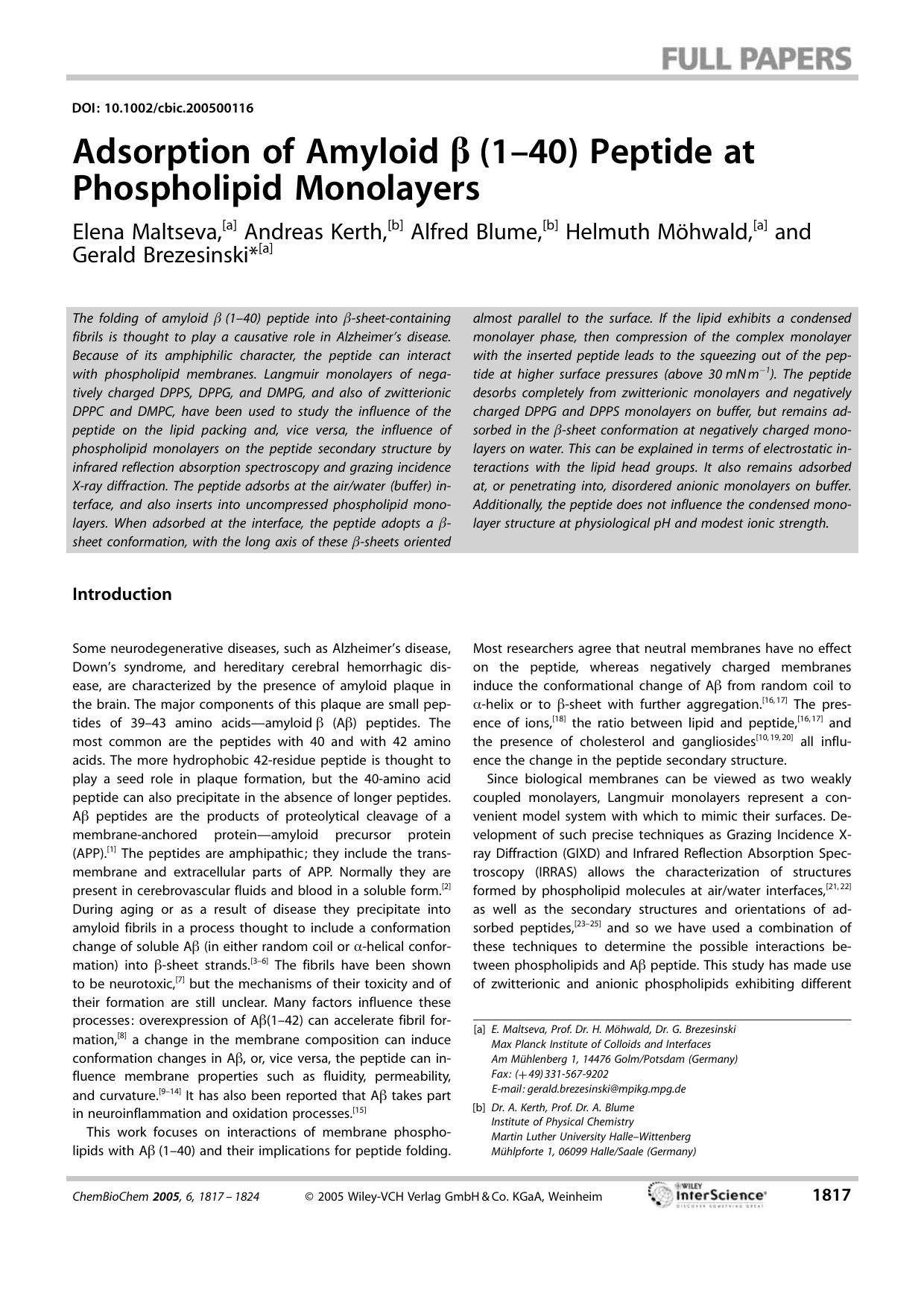 Adsorption of Amyloid [beta] (1-40) Peptide at Phospholipid Monolayers by Unknown