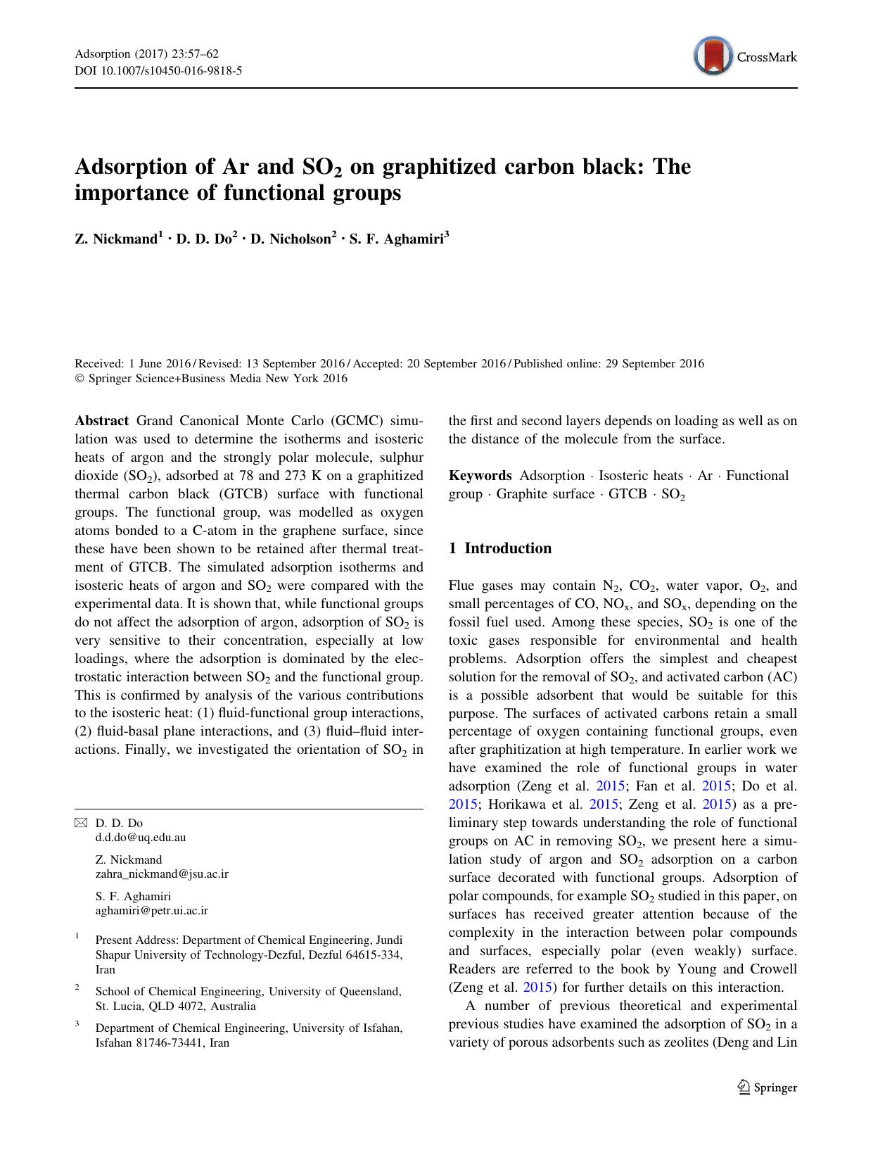 Adsorption of Ar and SO2 on graphitized carbon black: The importance of functional groups by Z. Nickmand & D. D. Do & D. Nicholson & S. F. Aghamiri