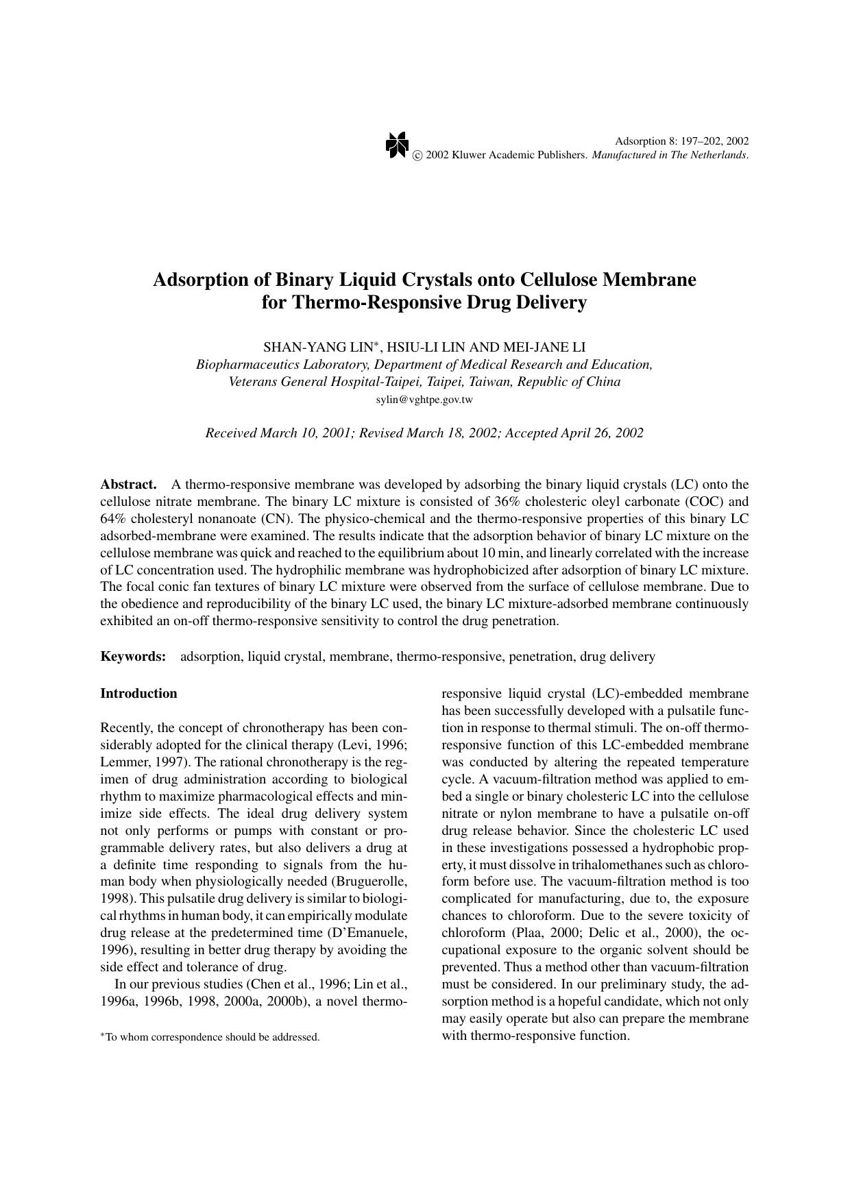Adsorption of Binary Liquid Crystals onto Cellulose Membrane for Thermo-Responsive Drug Delivery by Unknown
