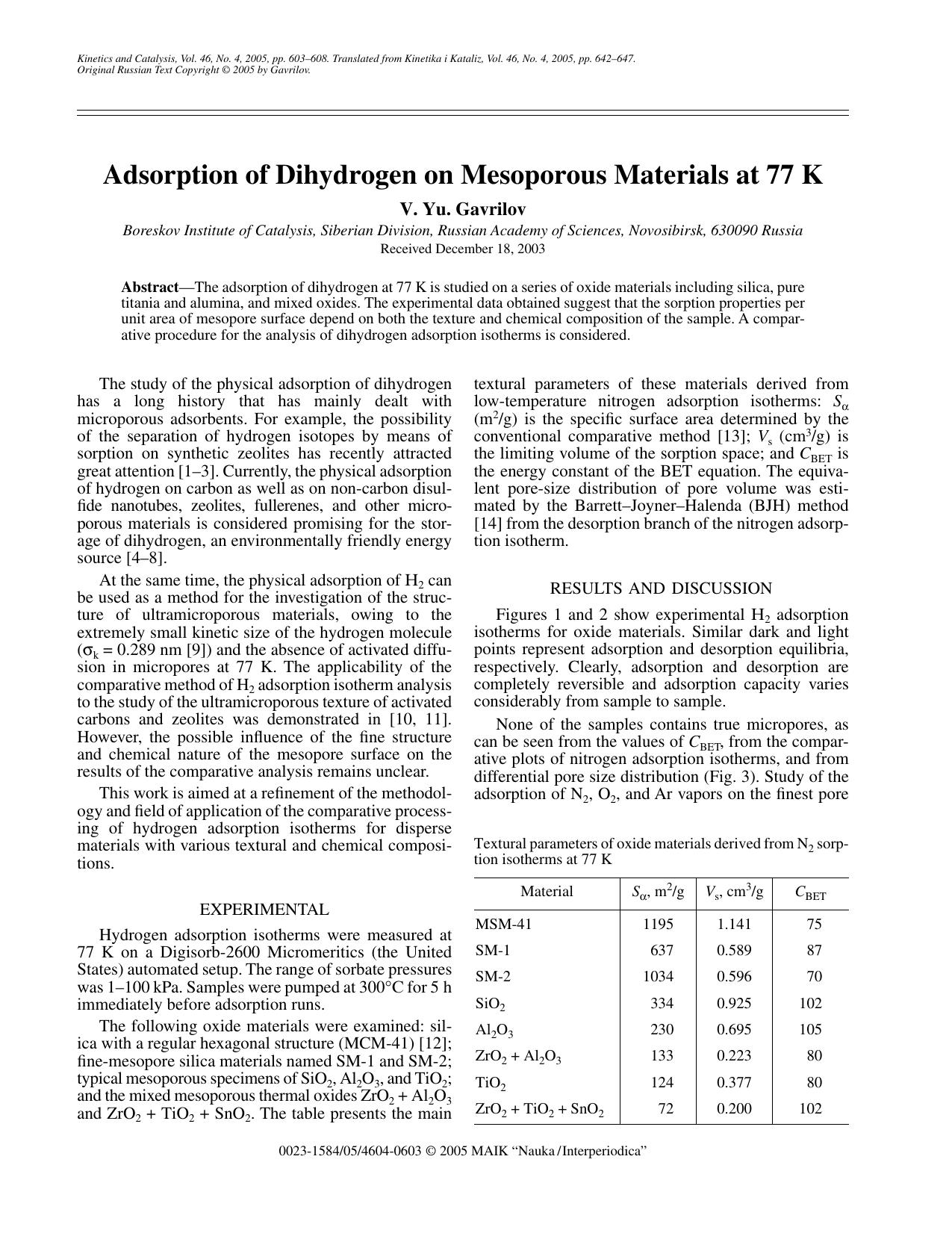 Adsorption of Dihydrogen on Mesoporous Materials at 77 K by Unknown