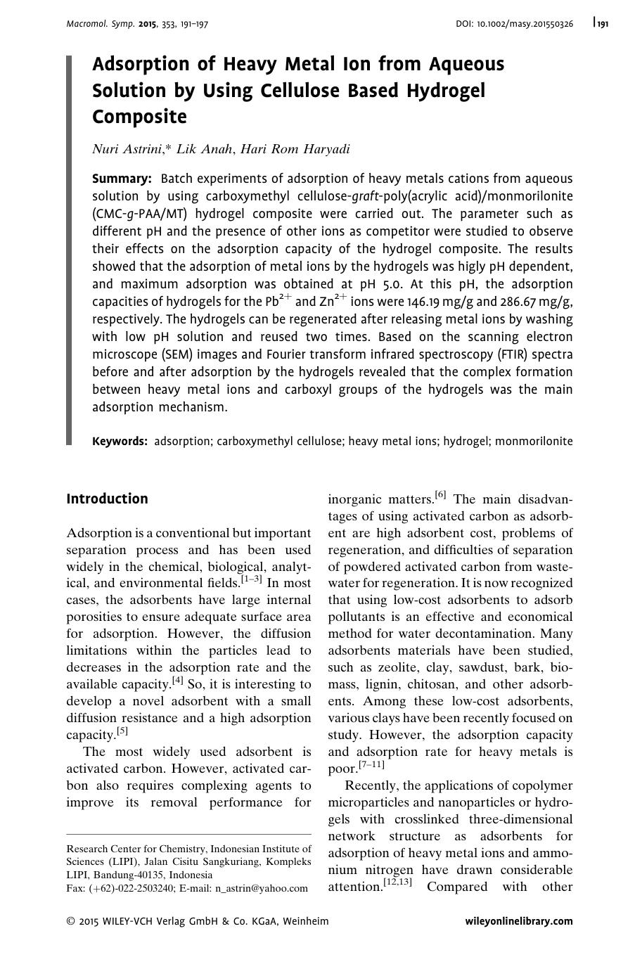 Adsorption of Heavy Metal Ion from Aqueous Solution by Using Cellulose Based Hydrogel Composite by Unknown