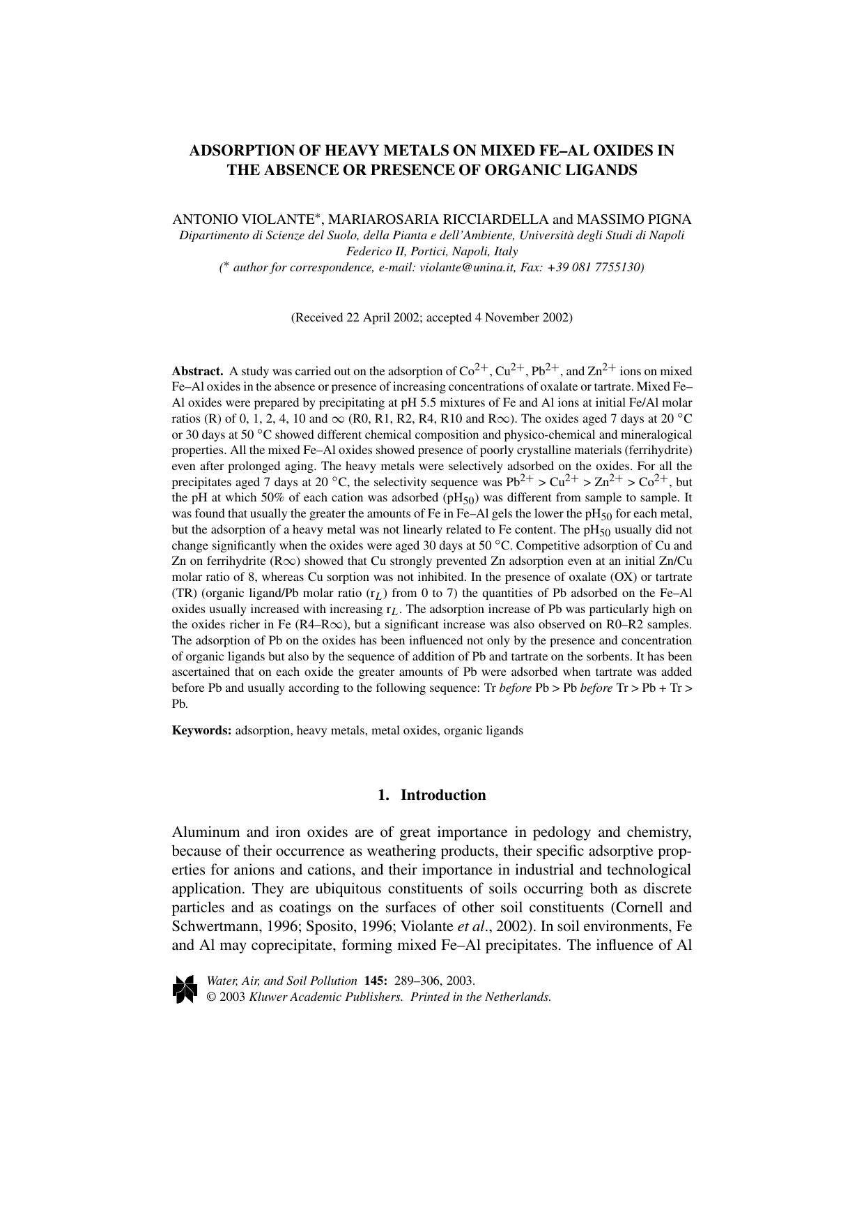Adsorption of Heavy Metals on Mixed Fe-Al Oxides in the Absence or Presence of Organic Ligands by Unknown