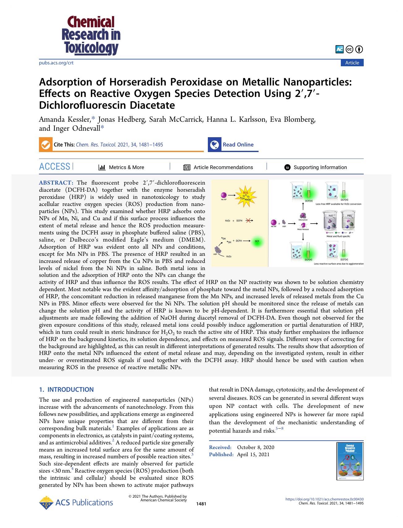 Adsorption of Horseradish Peroxidase on Metallic Nanoparticles: Effects on Reactive Oxygen Species Detection Using 2â²,7â²-Dichlorofluorescin Diacetate by Amanda Kessler Jonas Hedberg Sarah McCarrick Hanna L. Karlsson Eva Blomberg and Inger Odnevall