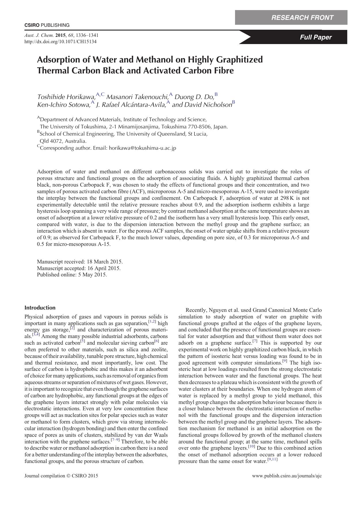 Adsorption of Water and Methanol on Highly Graphitized Thermal Carbon Black and Activated Carbon Fibre by T. Horikawa et al