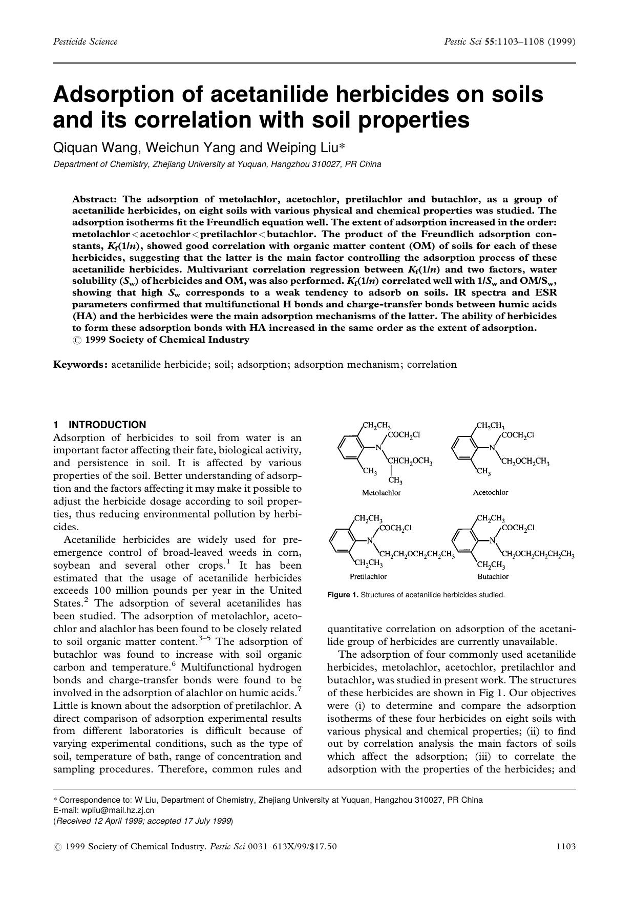 Adsorption of acetanilide herbicides on soils and its correlation with soil properties by Unknown