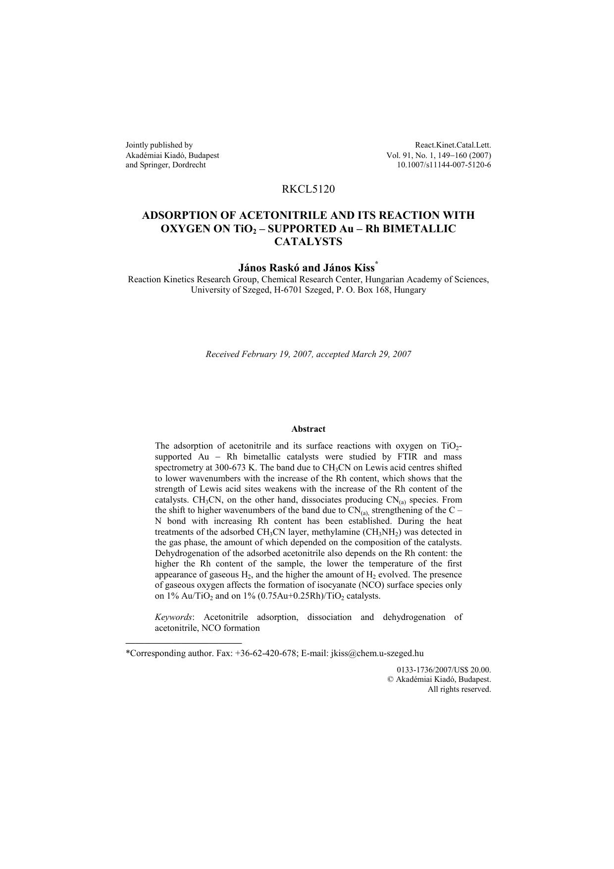Adsorption of acetonitrile and its reaction with oxygen on TiO<Subscript>2<Subscript>-supported Au &#x2014; Rh bimetallic catalysts by Unknown