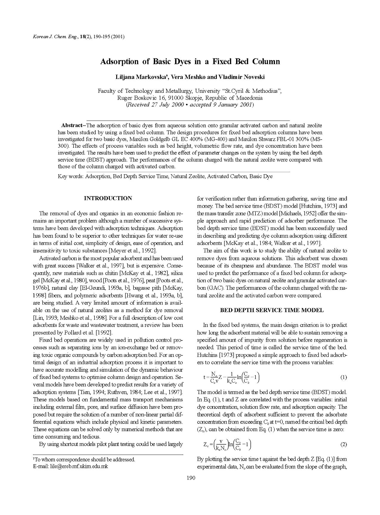 Adsorption of basic dyes in a fixed bed column by Unknown