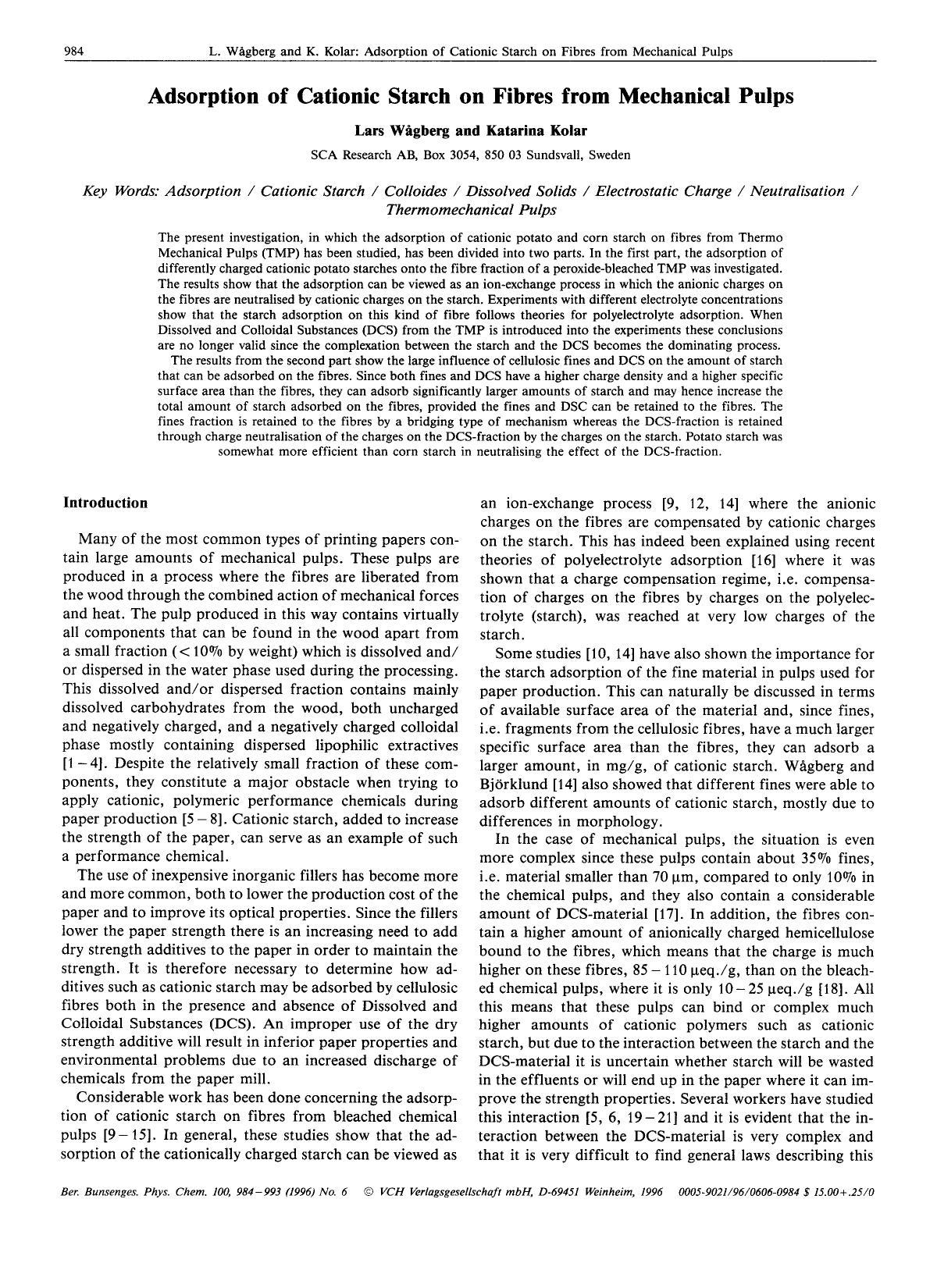 Adsorption of cationic starch on fibres from mechanical pulps by Unknown