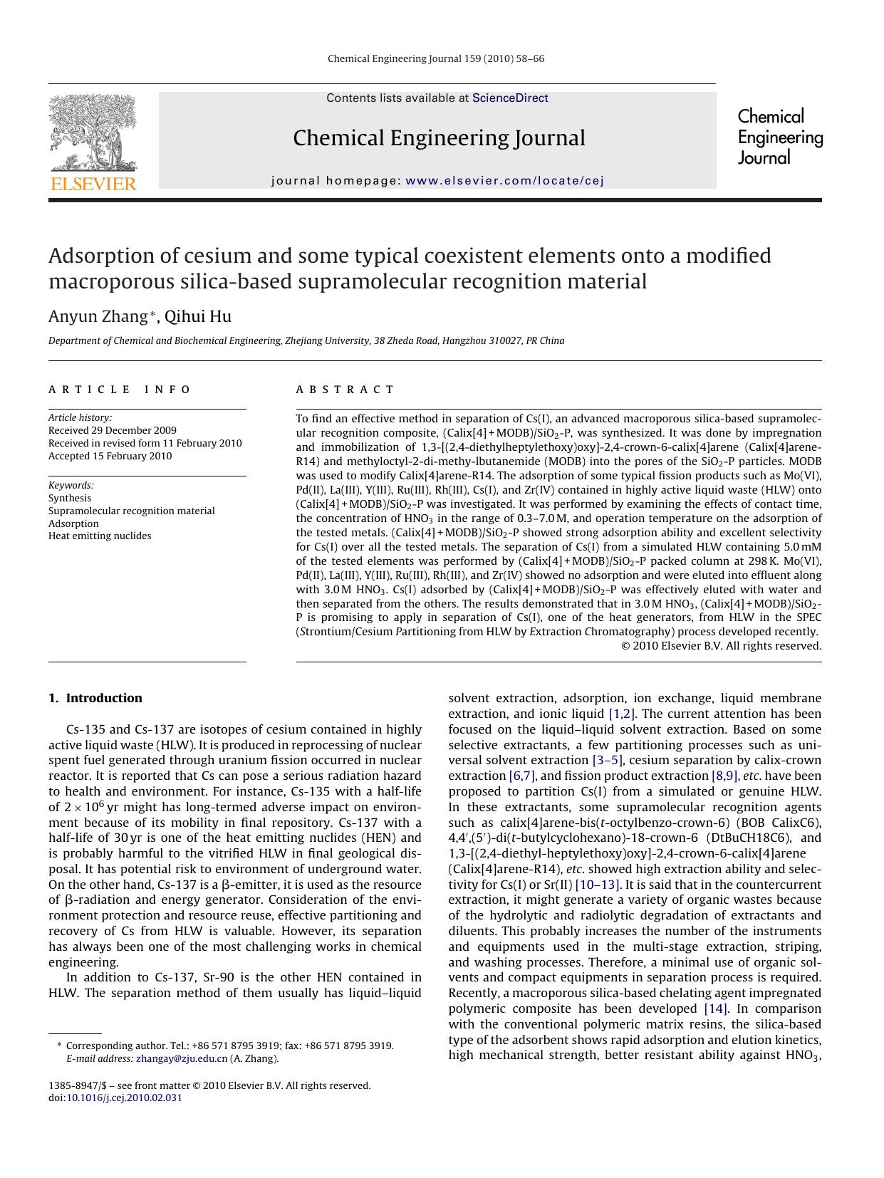 Adsorption of cesium and some typical coexistent elements onto a modified macroporous silica-based supramolecular recognition material by Anyun Zhang; Qihui Hu