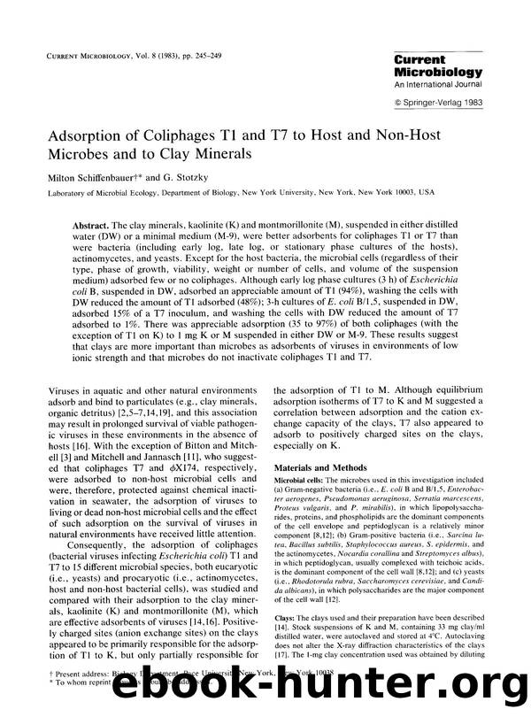 Adsorption of coliphages T1 and T7 to host and non-host microbes and to clay minerals by Unknown