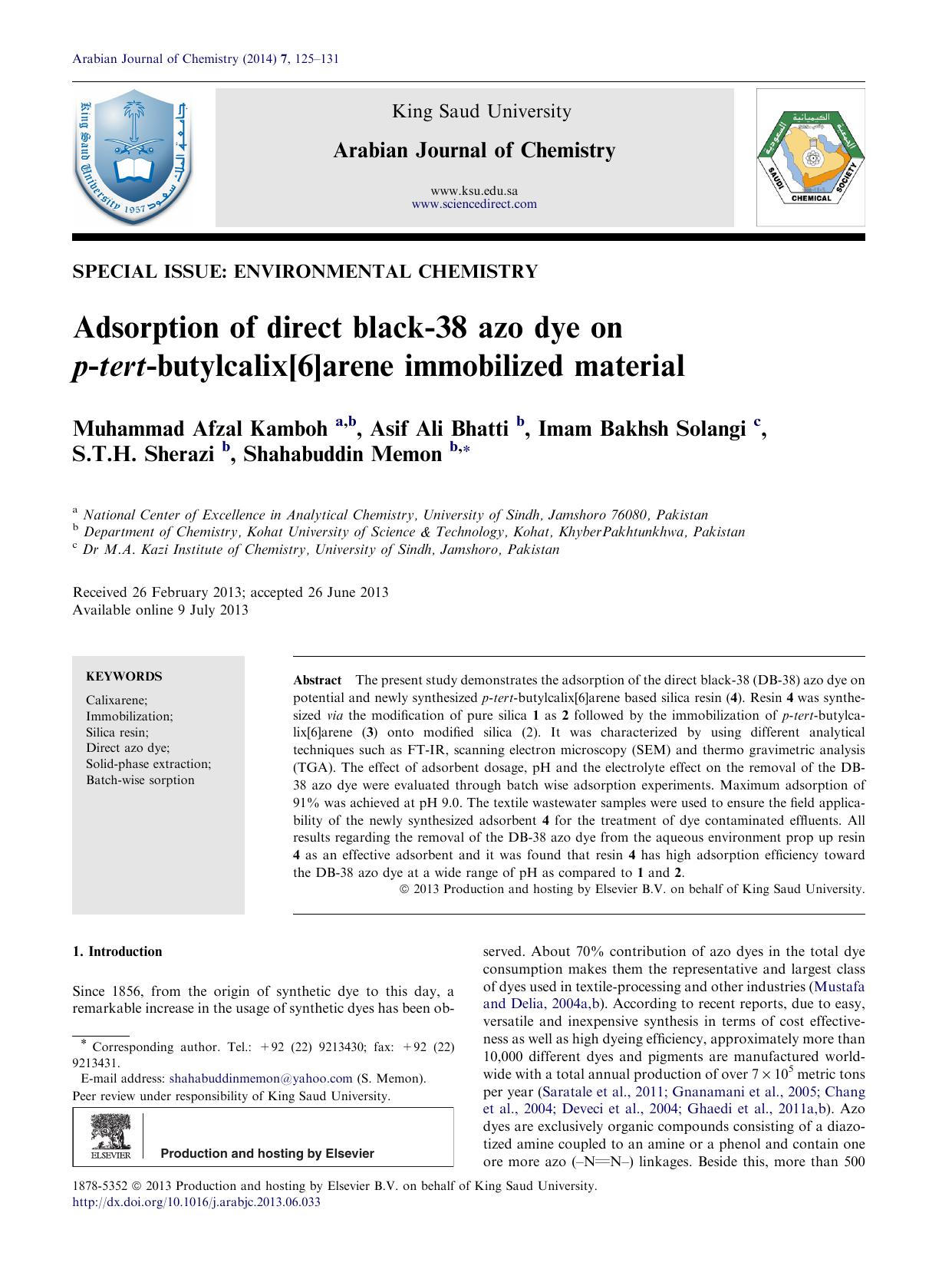 Adsorption of direct black-38 azo dye on p-tert-butylcalix[6]arene immobilized material by Muhammad Afzal Kamboh & Asif Ali Bhatti & Imam Bakhsh Solangi & S.T.H. Sherazi & Shahabuddin Memon