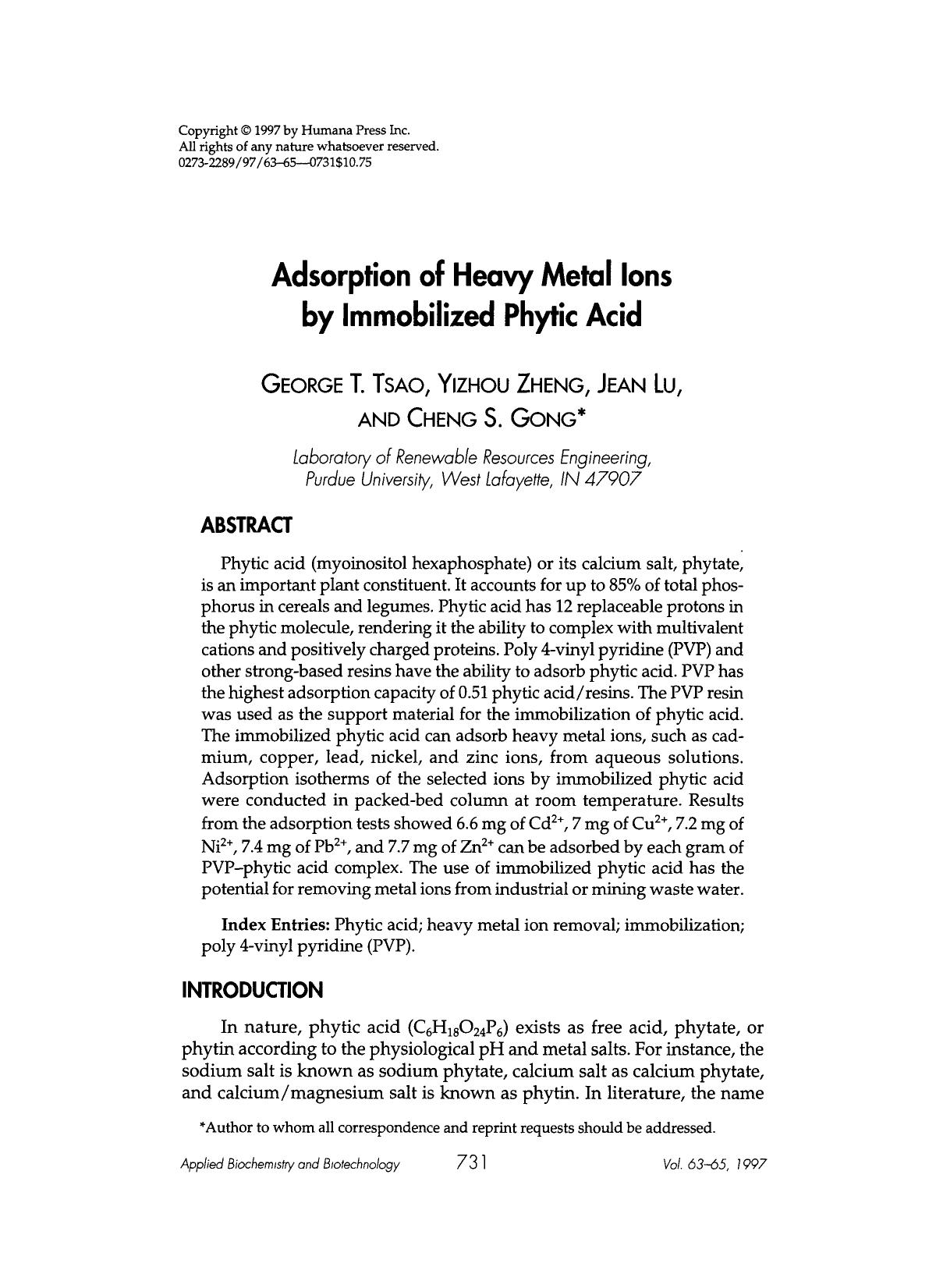 Adsorption of heavy metal ions by immobilized phytic acid by Unknown