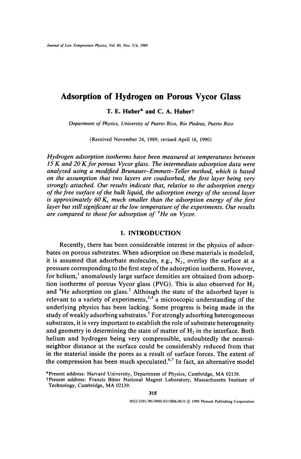 Adsorption of hydrogen on porous Vycor glass by Unknown