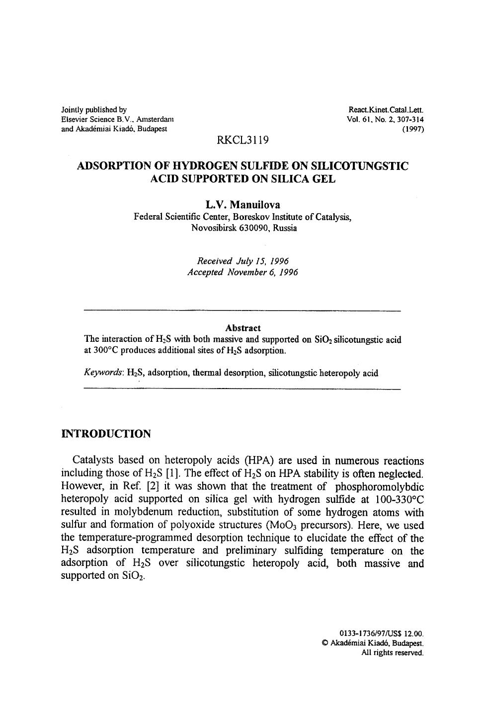 Adsorption of hydrogen sulfide on silicotungstic acid supported on silica gel by Unknown