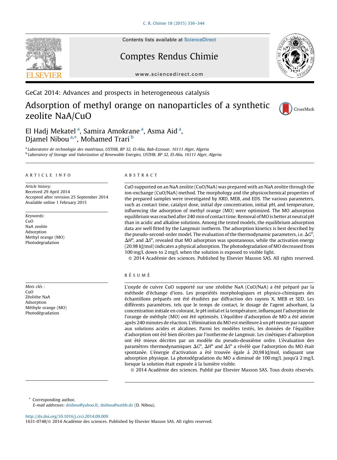 Adsorption of methyl orange on nanoparticles of a synthetic zeolite NaACuO by El Hadj Mekatel & Samira Amokrane & Asma Aid & Djamel Nibou & Mohamed Trari