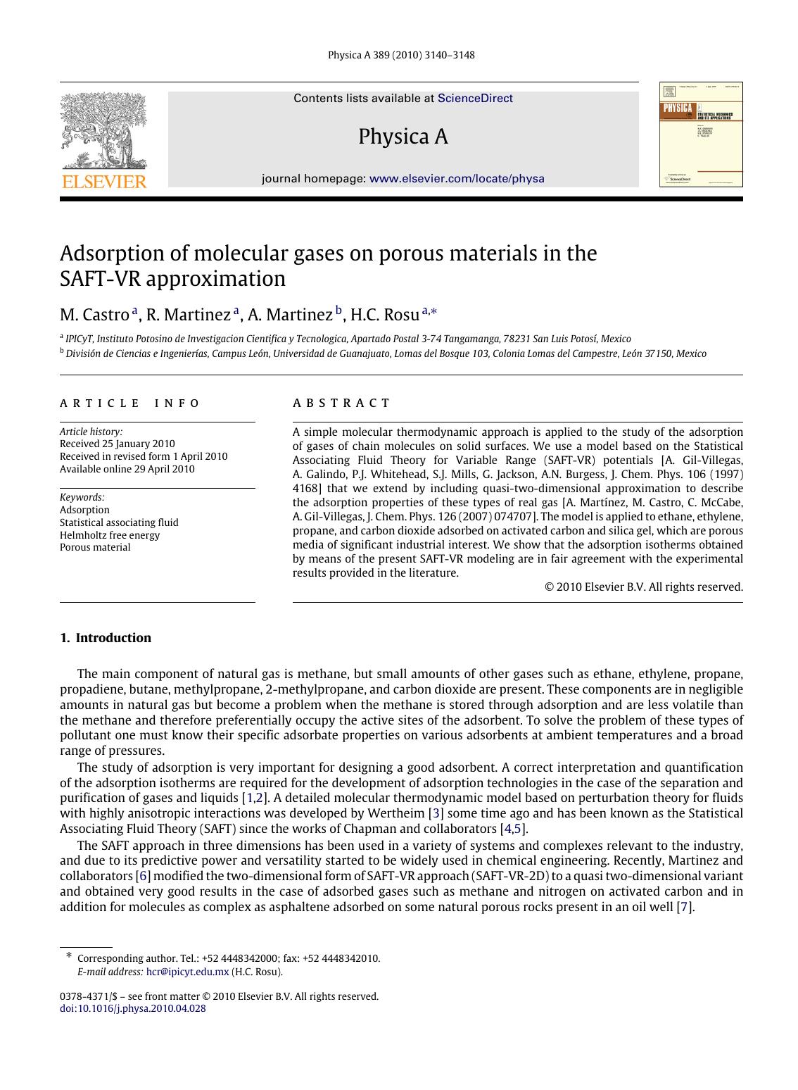 Adsorption of molecular gases on porous materials in the SAFT-VR approximation by M. Castro; R. Martinez; A. Martinez; H.C. Rosu