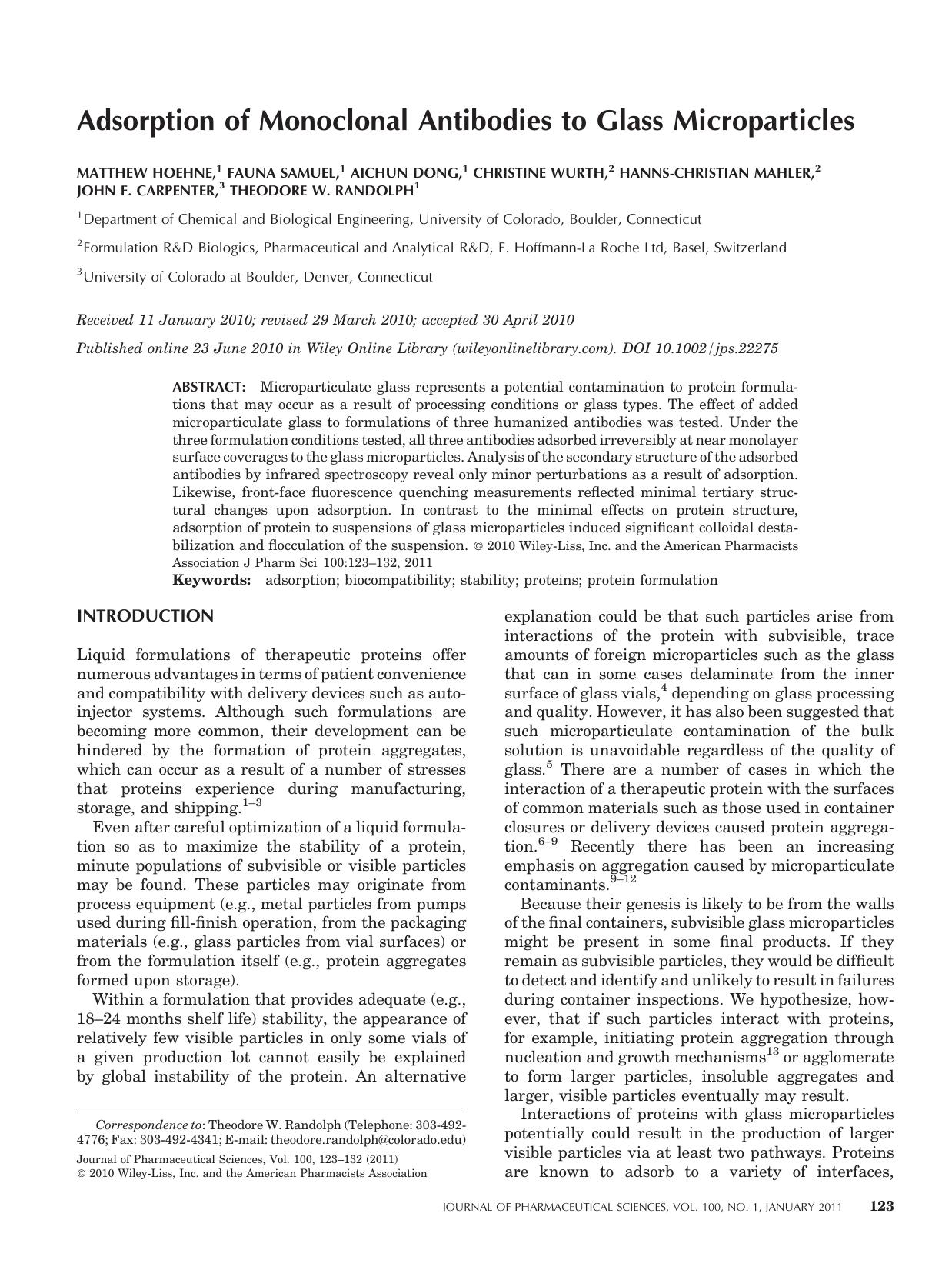 Adsorption of monoclonal antibodies to glass microparticles by Unknown