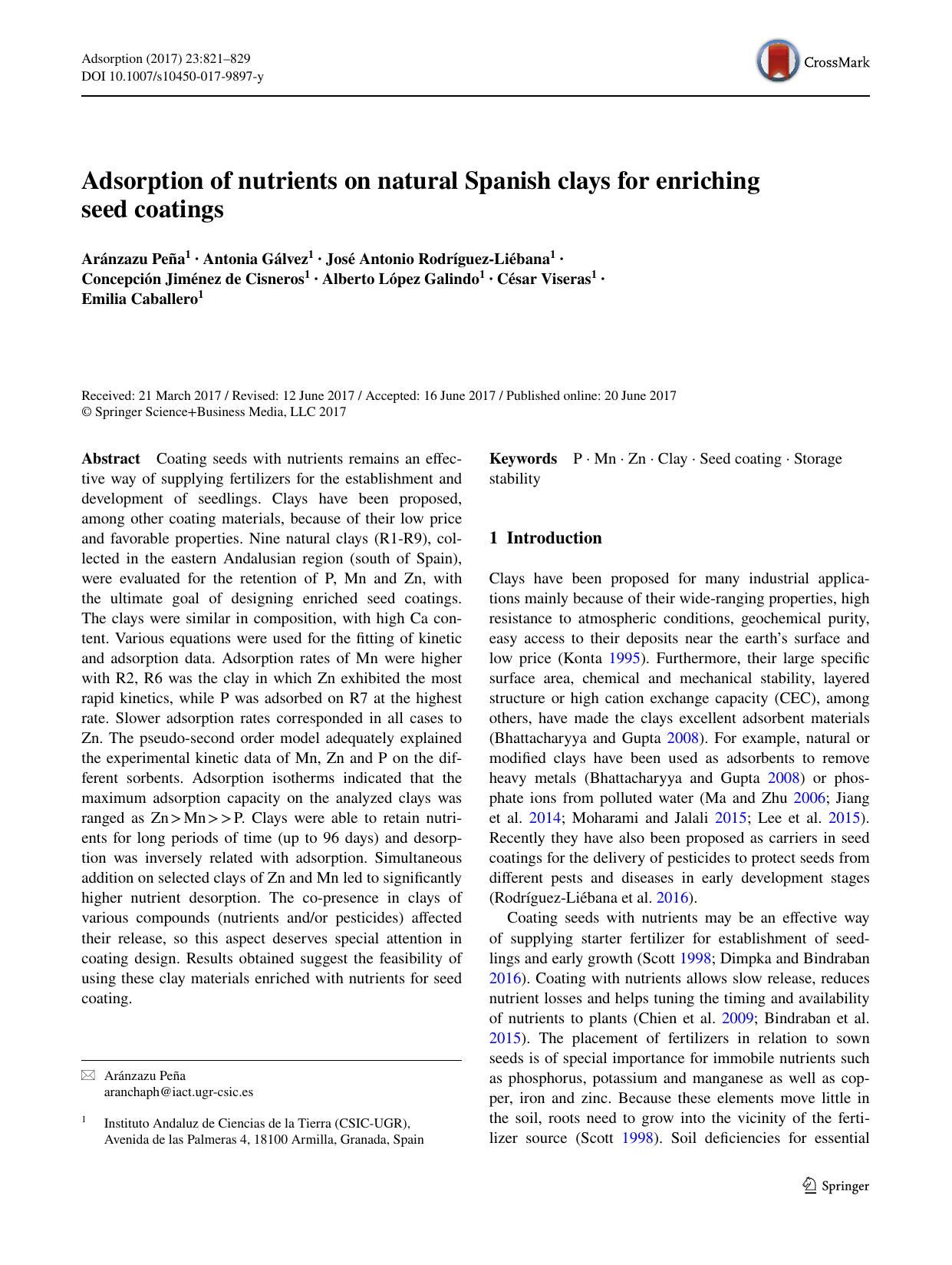 Adsorption of nutrients on natural Spanish clays for enriching seed coatings by Aránzazu Peña