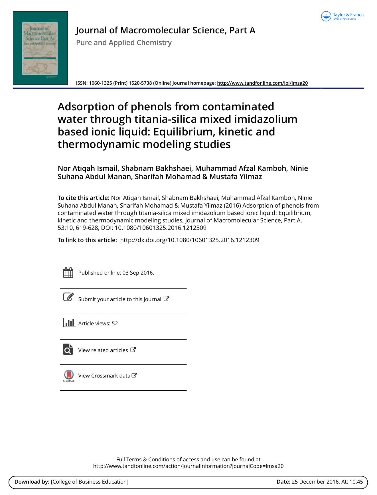 Adsorption of phenols from contaminated water through titania-silica mixed imidazolium based ionic liquid: Equilibrium, kinetic and thermodynamic modeling studies by unknow