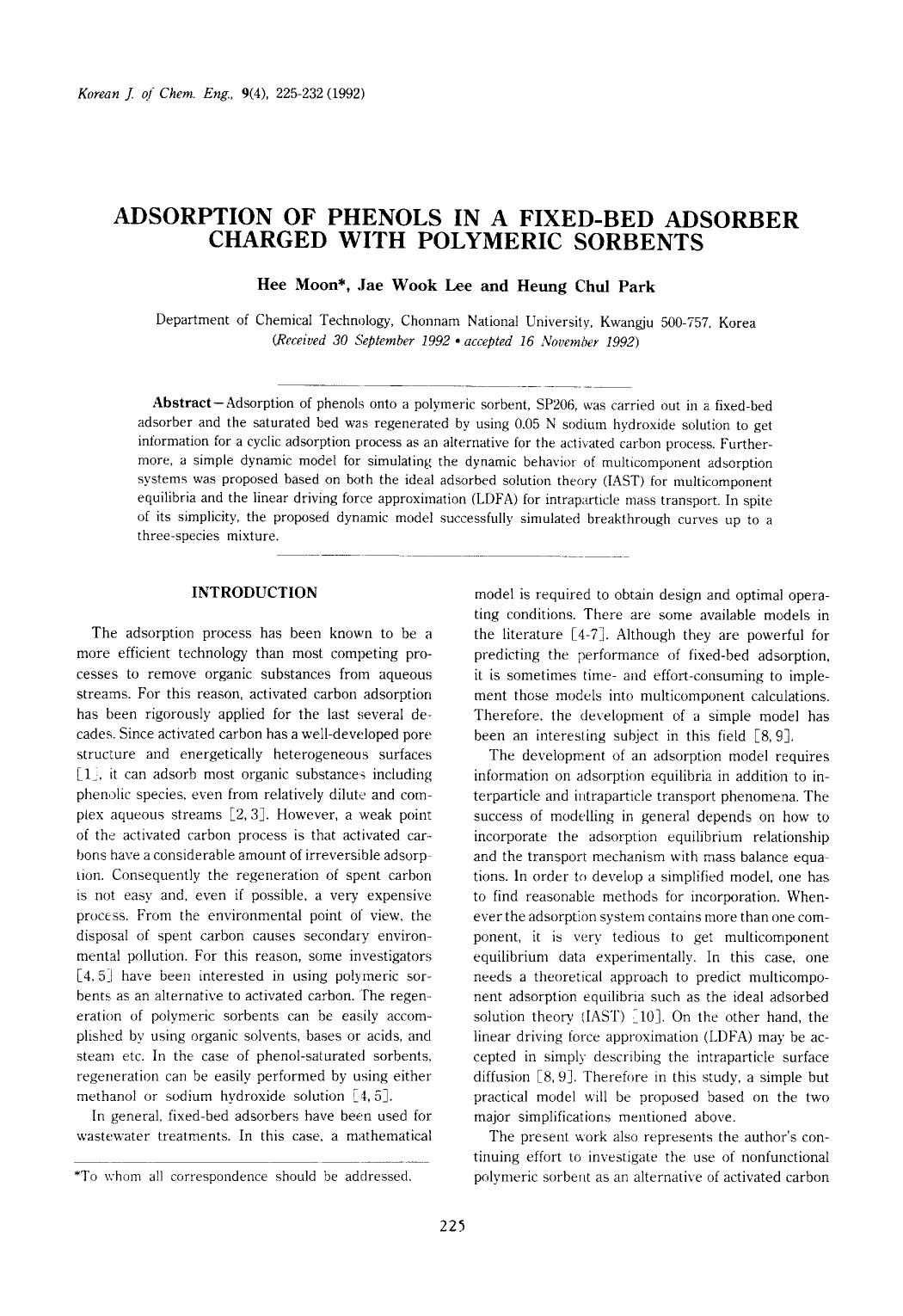 Adsorption of phenols in a fixed-bed adsorber charged with polymeric sorbents by Unknown