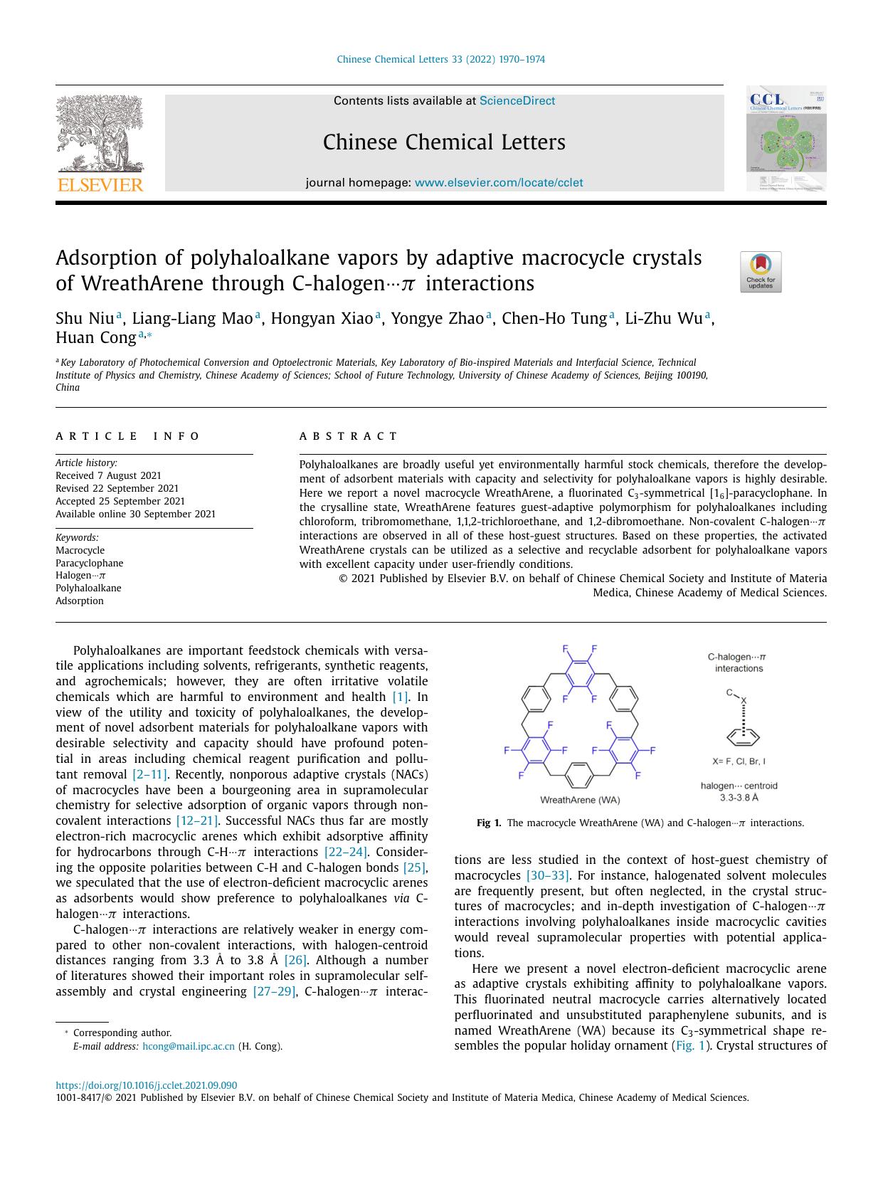 Adsorption of polyhaloalkane vapors by adaptive macrocycle crystals of WreathArene through C-halogen⋯π interactions by Shu Niu & Liang-Liang Mao & Hongyan Xiao & Yongye Zhao & Chen-Ho Tung & Li-Zhu Wu & Huan Cong