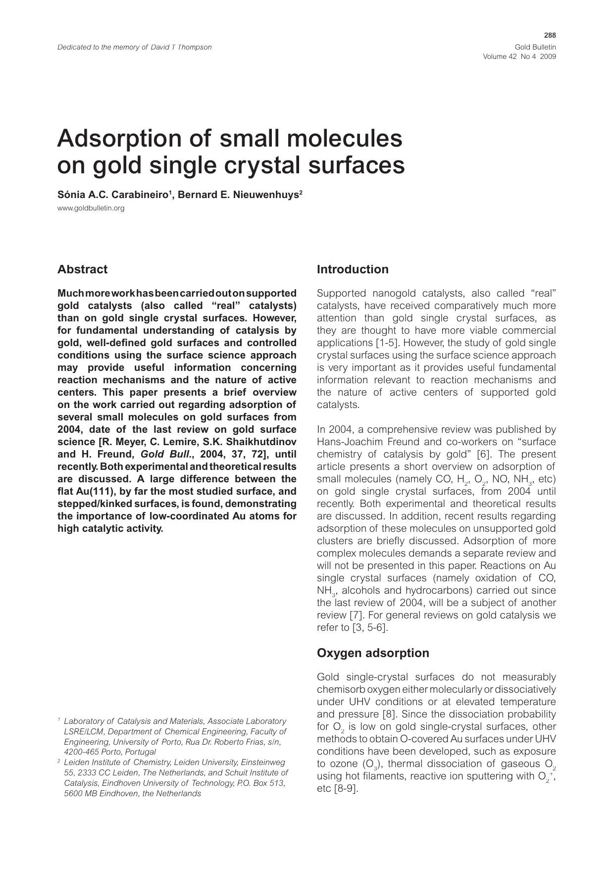 Adsorption of small molecules on gold single crystal surfaces by Unknown